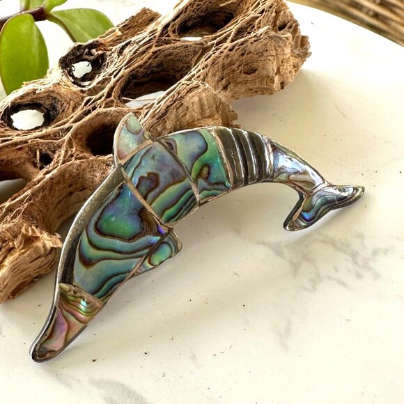 Sterling Silver & Abalone Dolphin Brooch Signed EPB 925 Vintage Hallmarked Jewel - Picture 3 of 8